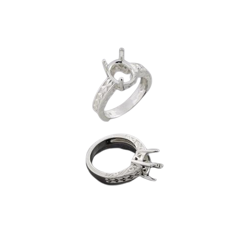 Engraved Shank Oval Ring Setting - Sterling Silver